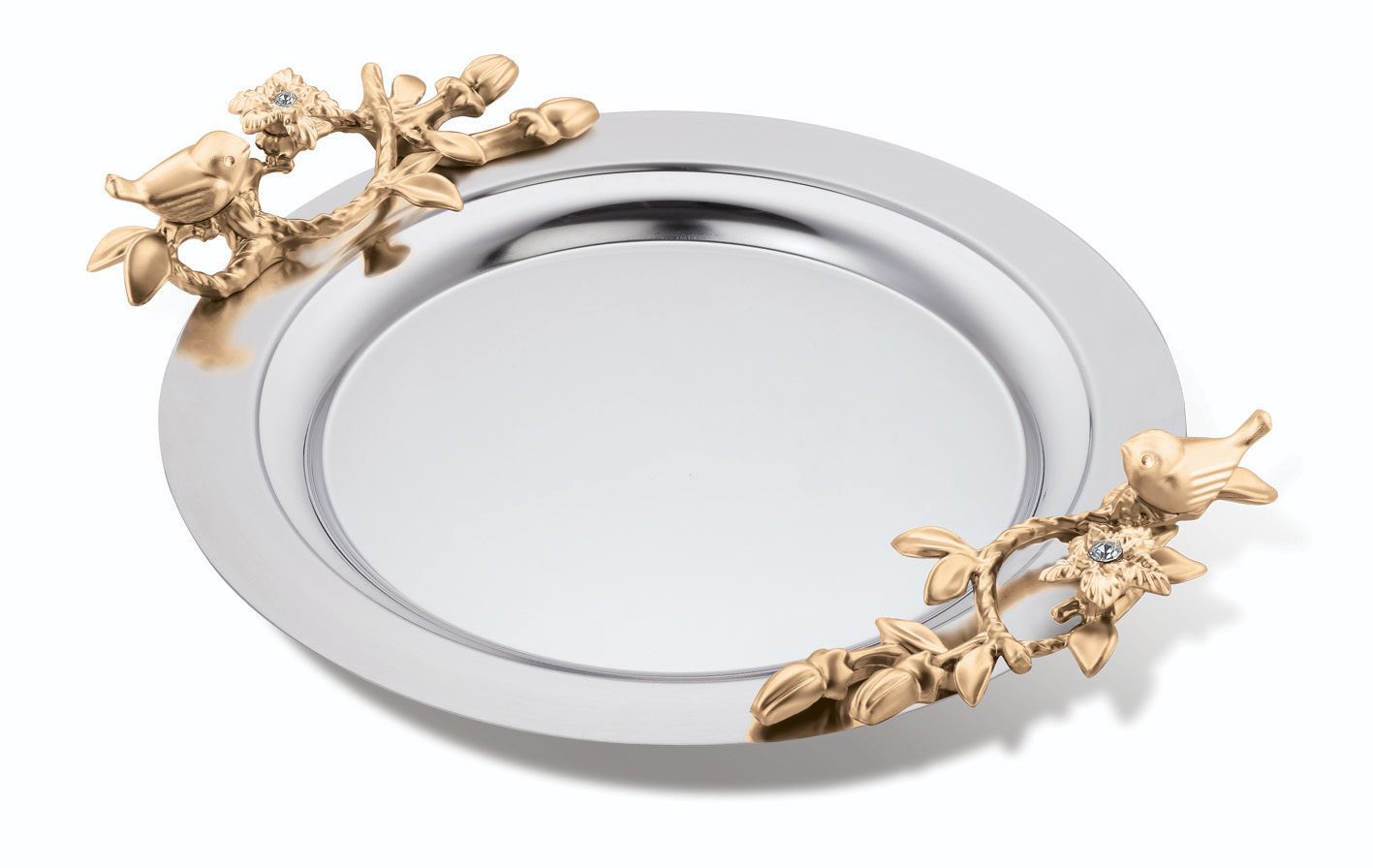 سینی گرد بدون پایه مرغ آمین دسته طلا