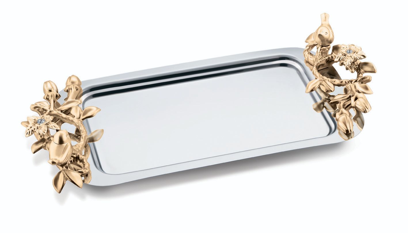 سینی شیرینی خوری بدون پایه مرغ آمین دسته طلا