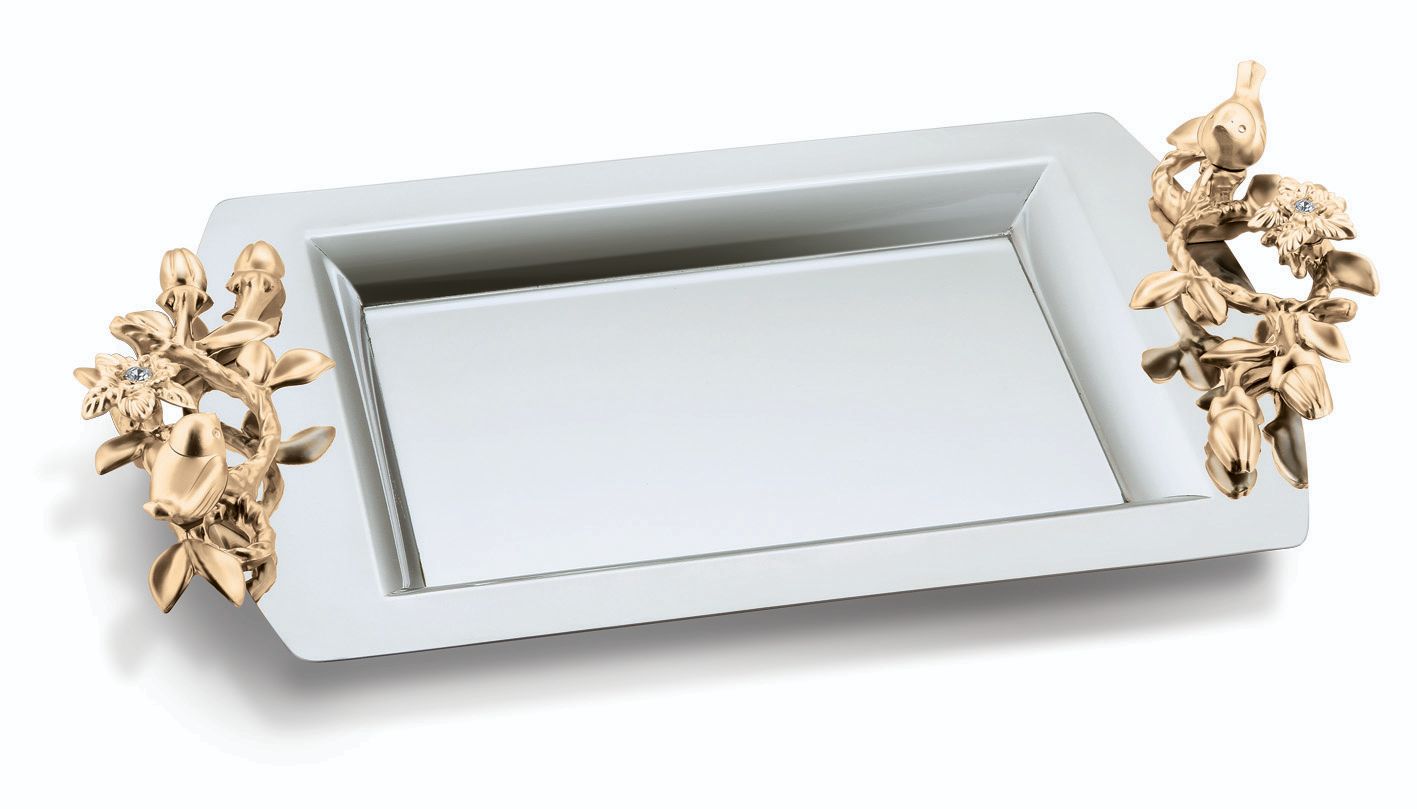 سینی مستطیل بدون پایه مرغ آمین دسته طلا